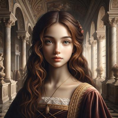 The primary subject of the image is a woman with long, curly hair. She is wearing a brown dress and has a gold necklace around her neck. The setting is a grand, ornate room with pillars and a large archway. The visual style is a painting, which gives the image a vintage and elegant appearance. The colors are predominantly brown and gold, creating a warm and sophisticated mood.